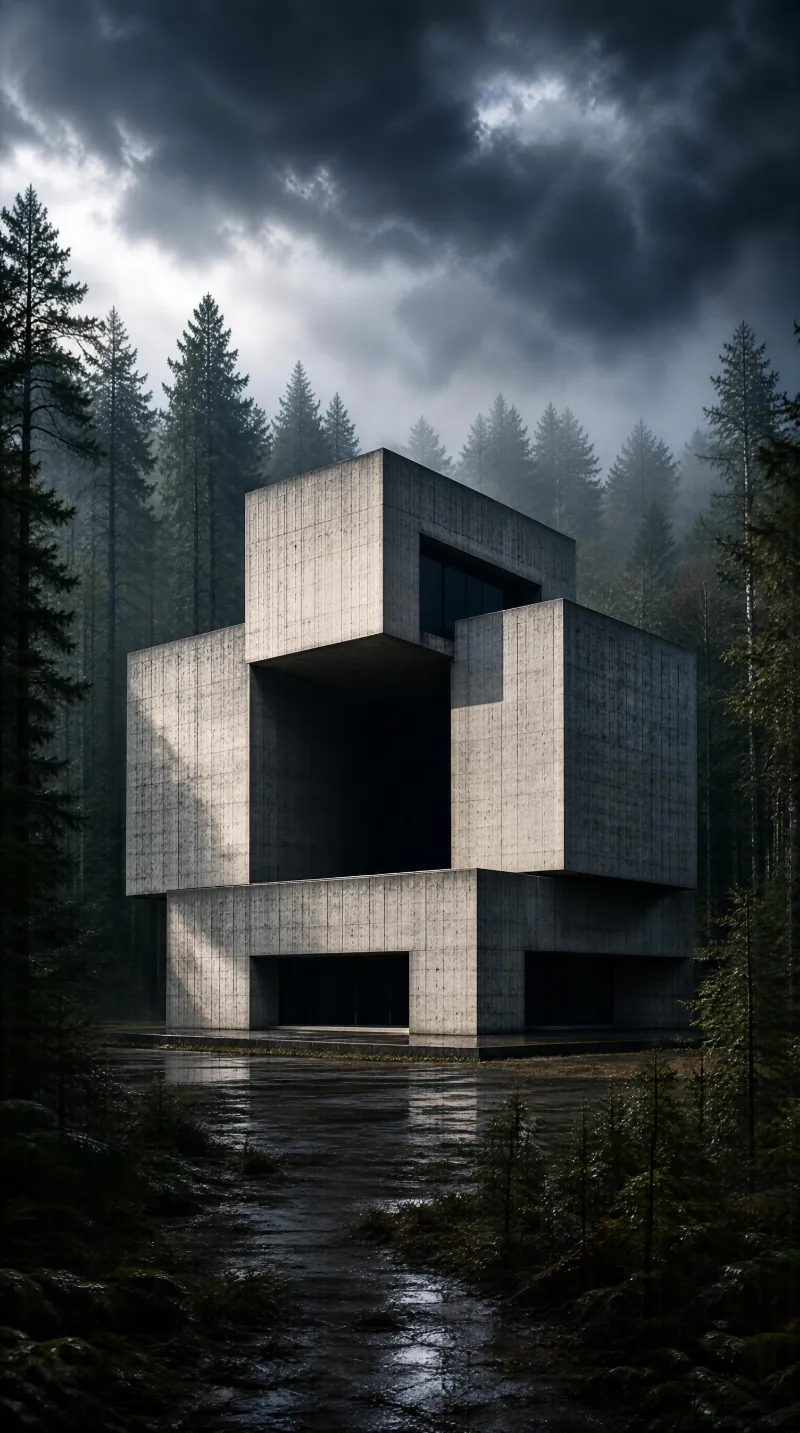 Modern Concrete House in Misty Forest