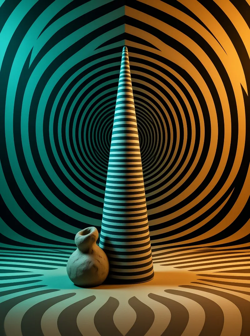 A tall black and white striped cone stands next to a small vase in a room with swirling teal and orange patterns.