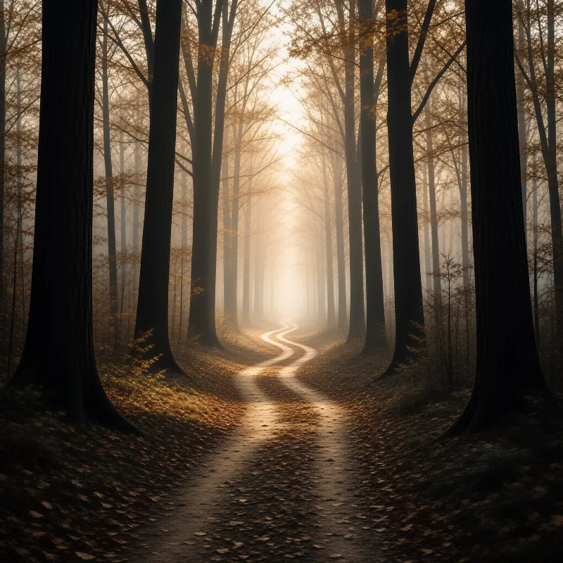 Tall dark tree trunks line a curving footpath dissolving into golden morning fog.