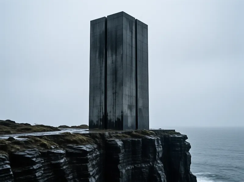 Tall dark concrete pillars stand on a wet grassy cliff edge overlooking the calm ocean under a flat grey sky.