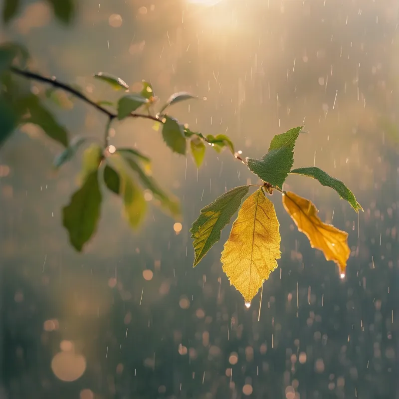 Sunlit Leaves in Rain