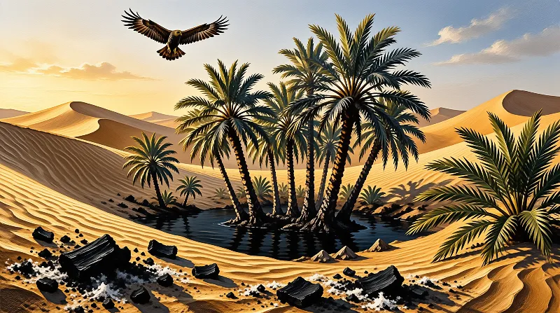 A hawk circles above palm trees surrounding a desert water pool under warm sunset lighting.