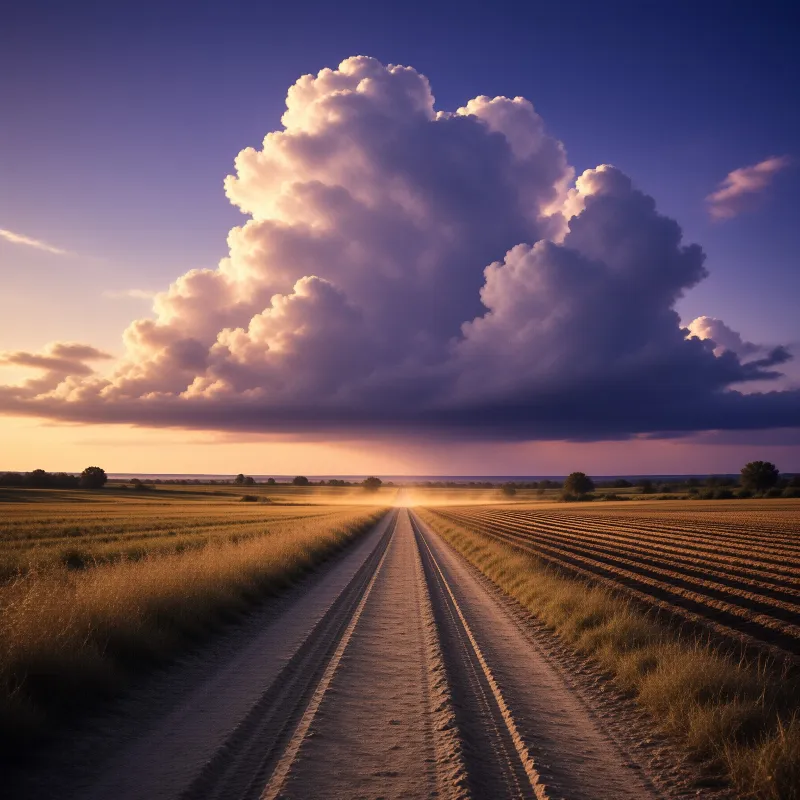 A long gravel path cuts between golden crops and plowed earth beneath a huge purple cloud formation at dusk.