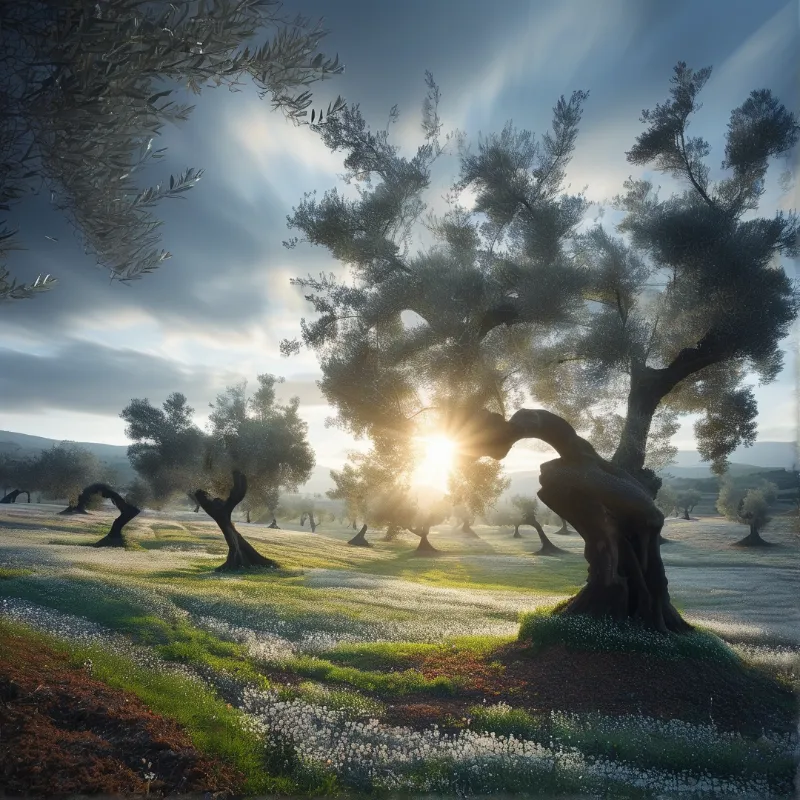 Sunlight filters through gnarled olive trees in a misty grove, casting dappled light on flower-strewn ground.