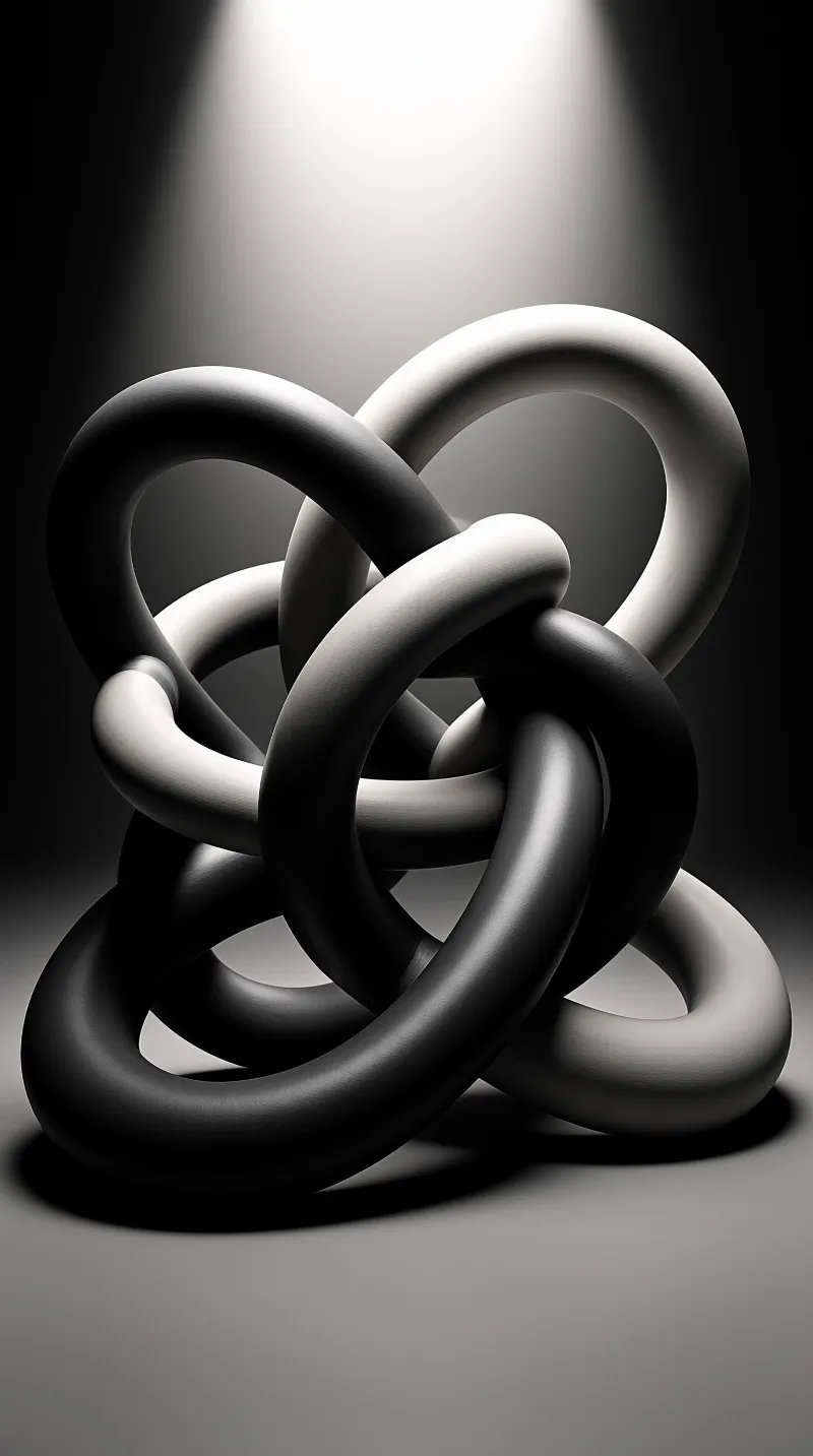 Rounded bands of dark and pale material weave into a knot, spotlighted against a shadowy studio backdrop.