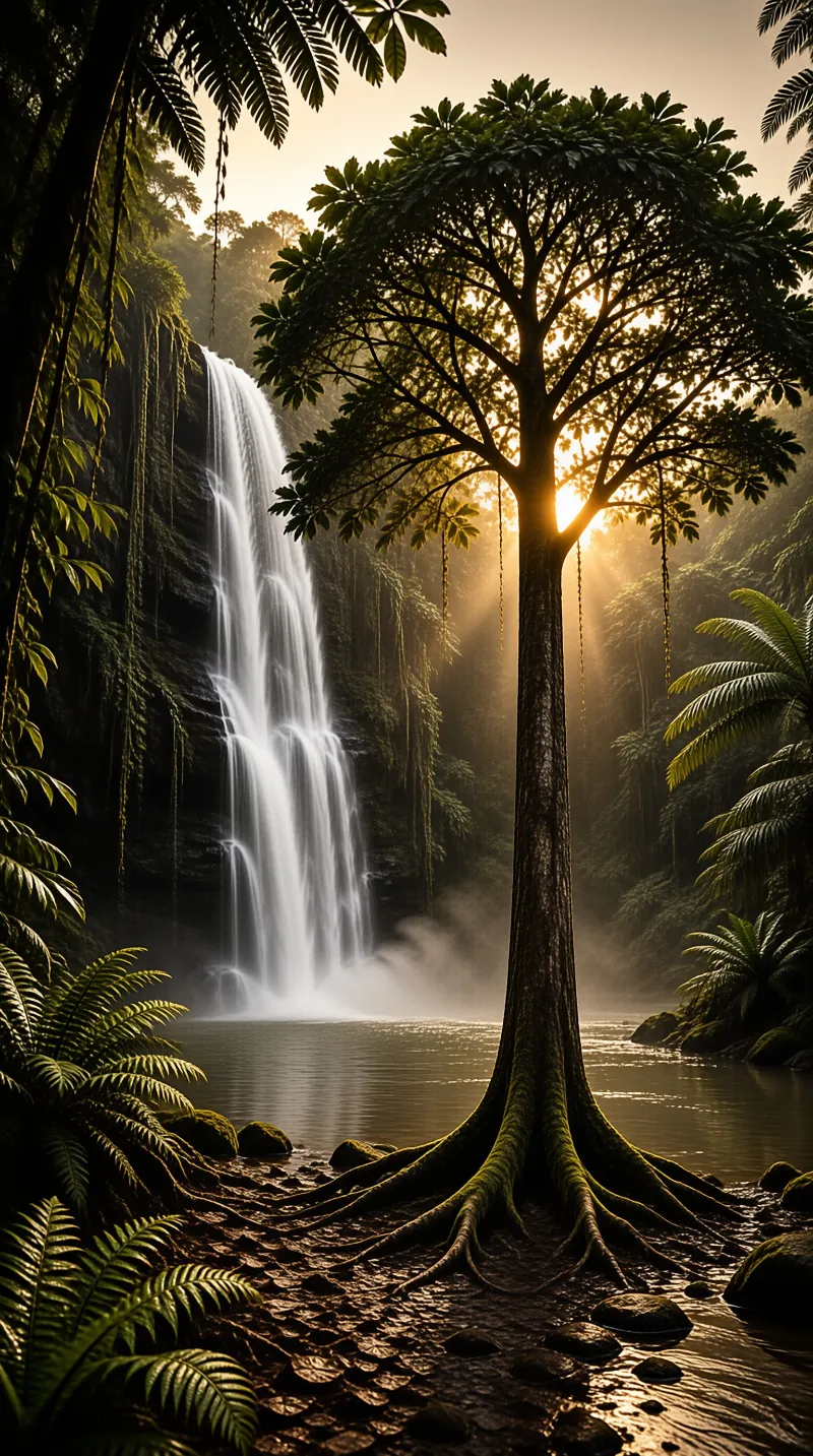 Sunlight flares through the crown of a tall rainforest tree while white water pours into a calm pool.