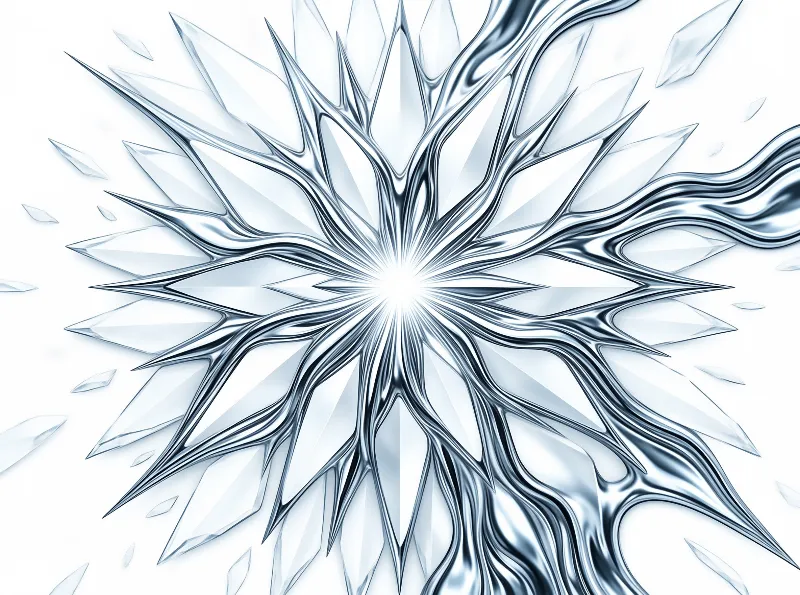 Digital artwork of a large crystalline star exploding with sharp ice shards and light on a white background.