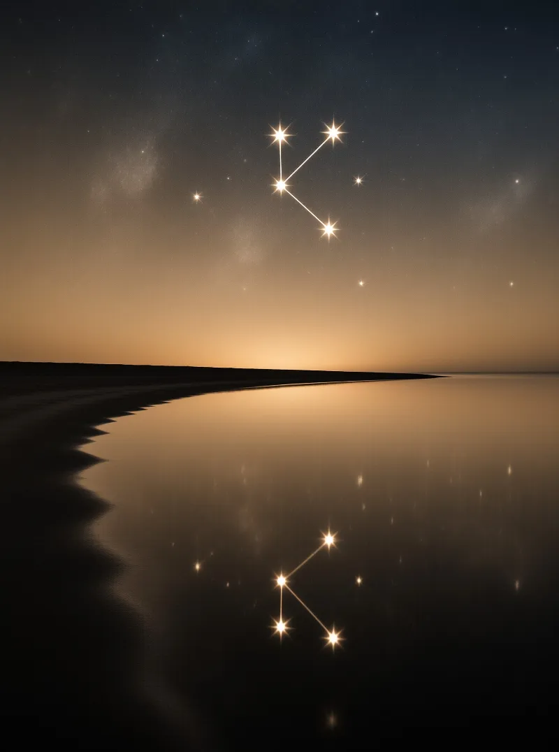 A night sky above a reflective salt flat displays a bright four star constellation mirrored perfectly on the water surface with an orange horizon glow.