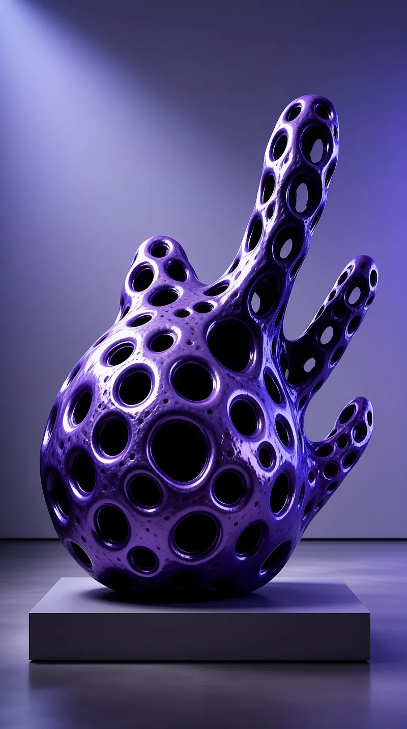 A glossy purple form featuring numerous holes rests on a dark pedestal under cool studio lighting.