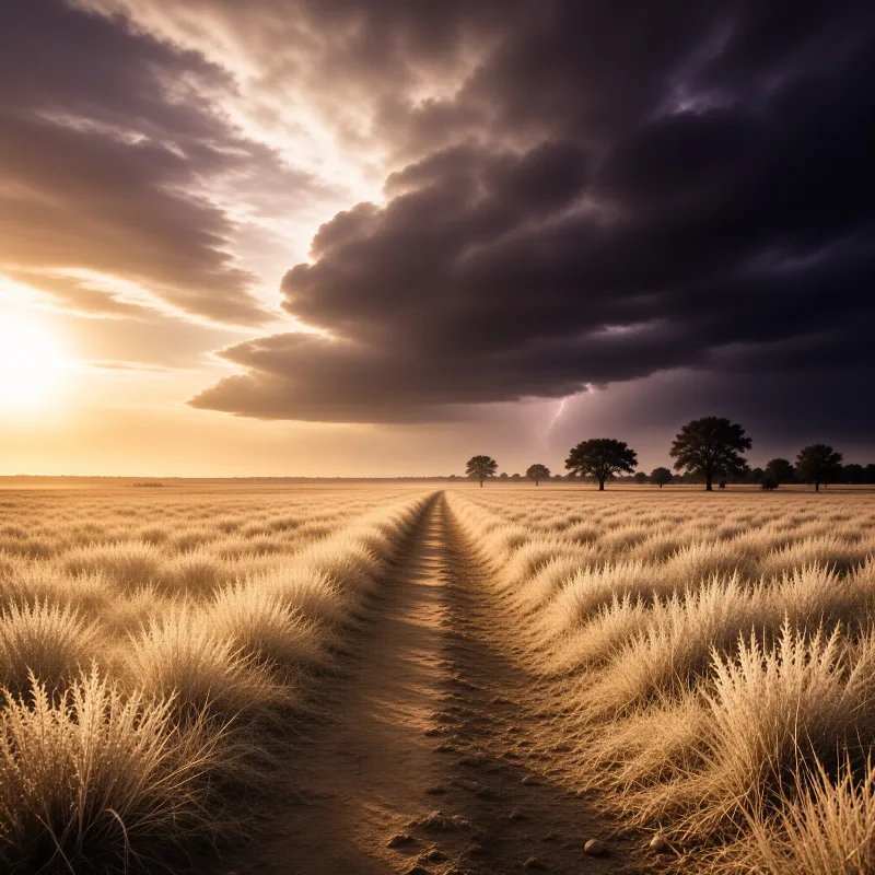 A dirt road winds across a sunlit prairie while thunderheads and a lightning bolt threaten the horizon.