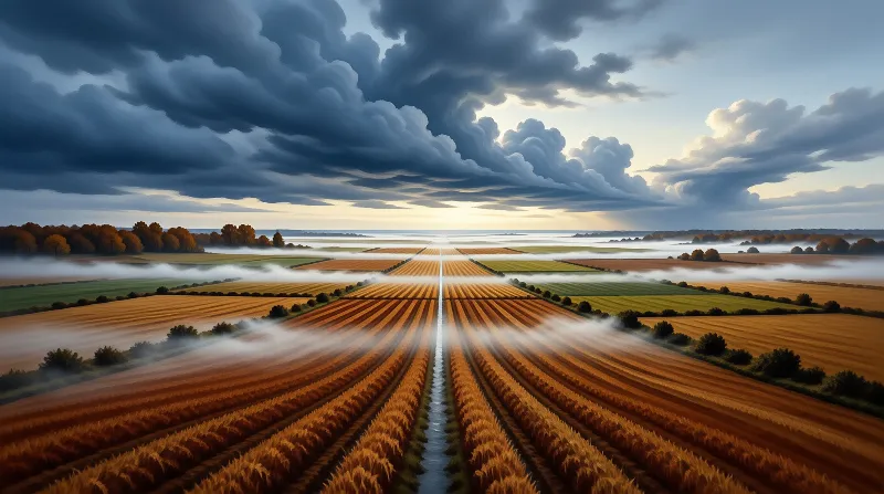 Rows of ripe golden grain stretch toward the horizon across fog shrouded flat farmland as dark storm clouds sit over a bright dawn light.