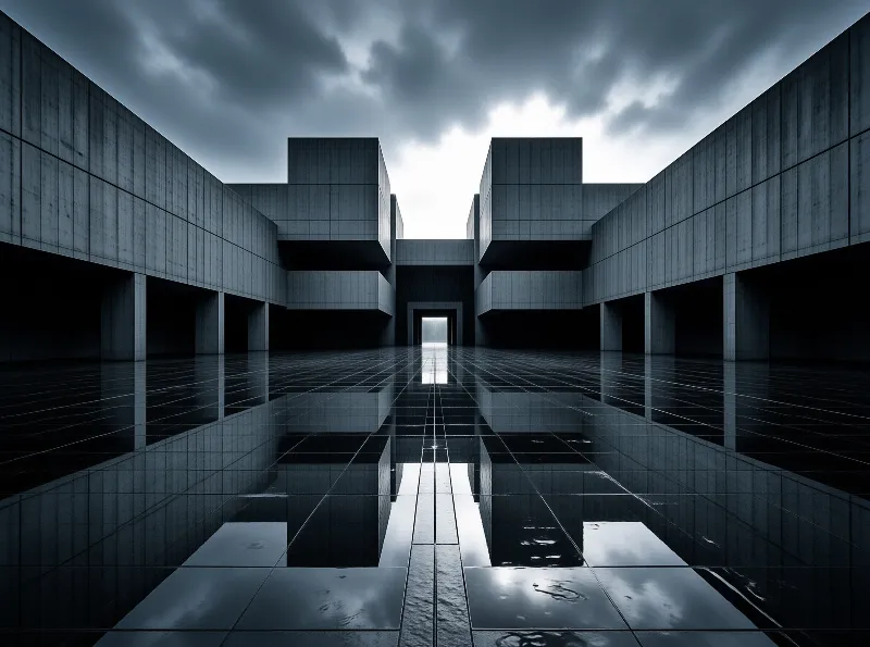 Brutalist concrete walls enclose a wet reflective tiled courtyard with bright light glowing at a central passage end.