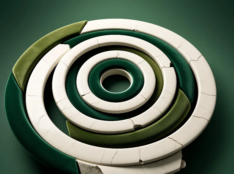 A spiral sculpture made of alternating cracked white ceramic pieces and textured green felt segments on a dark green background.