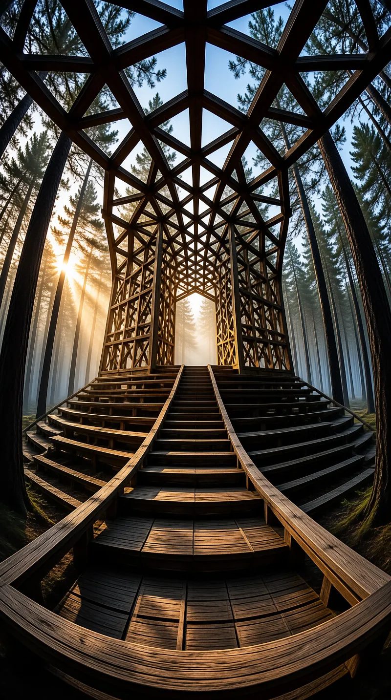 Wooden stairs lead up to a large lattice tower structure surrounded by tall trees and sunbeams.