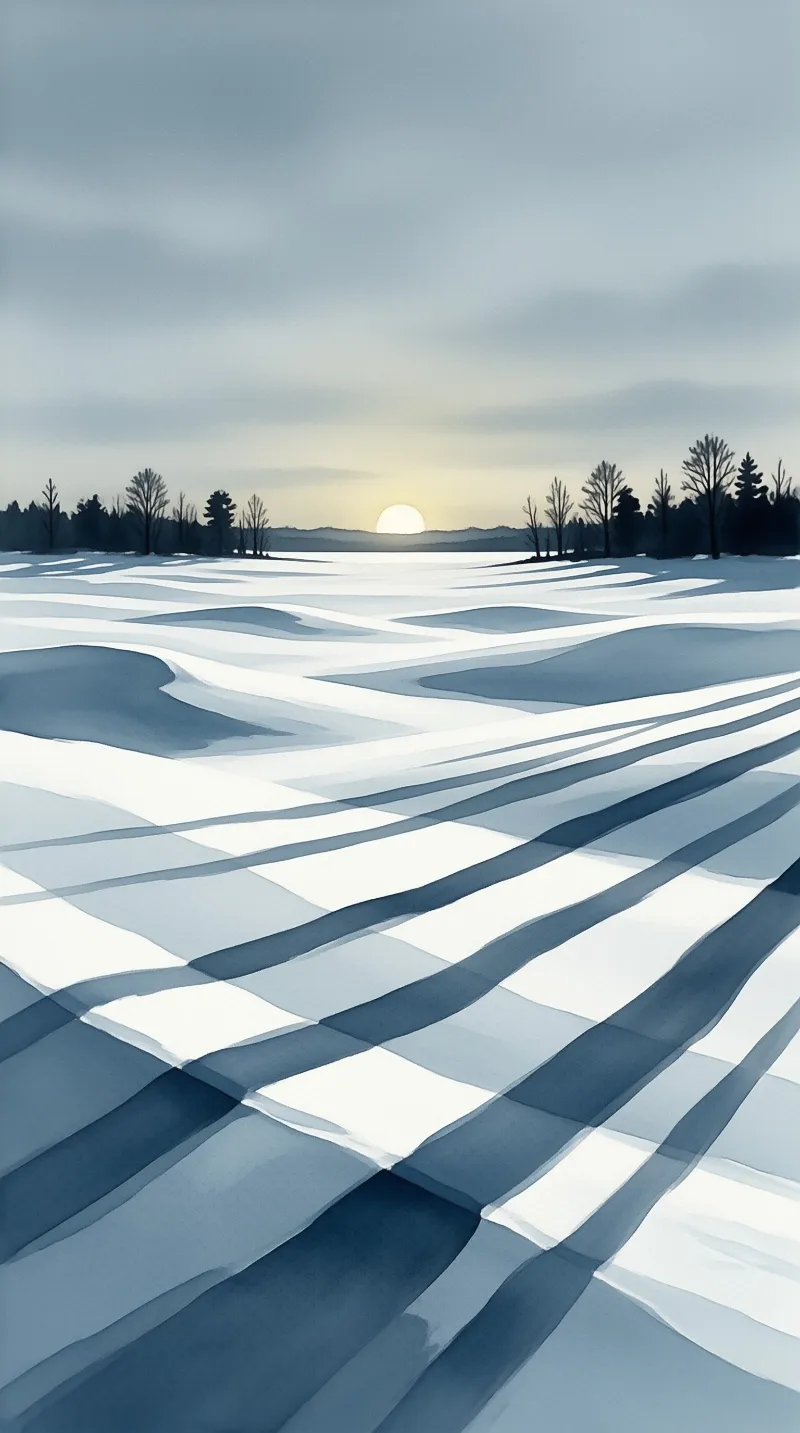 Snow covered hills with long shadows cast by a low sun rising above a distant treeline under a cloudy sky.