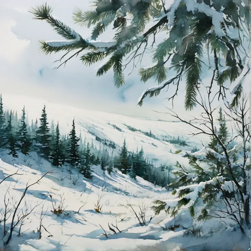 Snow-laden pine boughs frame a sun-dappled mountain slope dotted with evergreen trees under a pale winter sky.