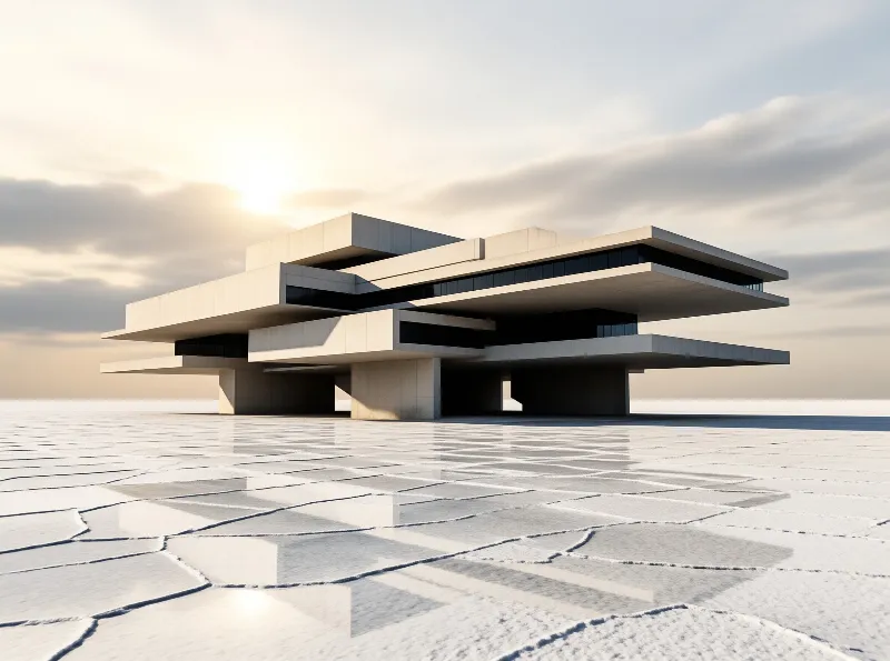 A stacked concrete building rests on a cracked white salt flat beneath a hazy sunlit sky.
