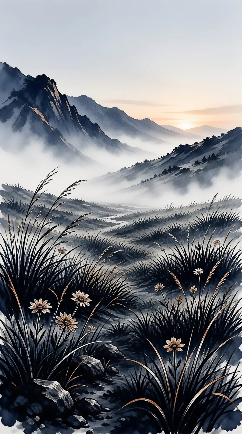 Tall dark grasses and white flowers frame a winding path through misty blue mountains under a soft sunrise sky.