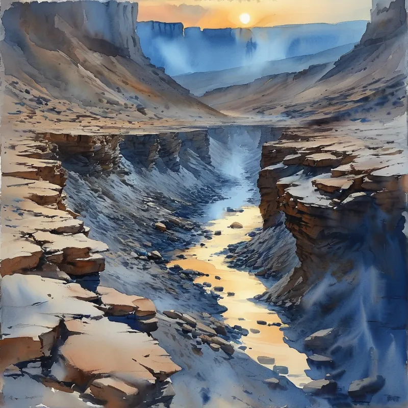 Winding canyon river reflecting bright sunset light against steep layered rock walls in warm tones.