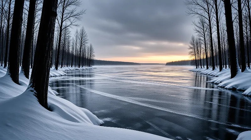 Bare dark trunks line a glassy ice sheet where drifting snow reflects the last amber light on the horizon