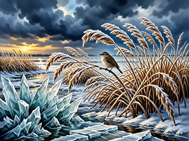 A small bird rests on snowy reeds while dramatic clouds gather over a frozen lake at sunset.