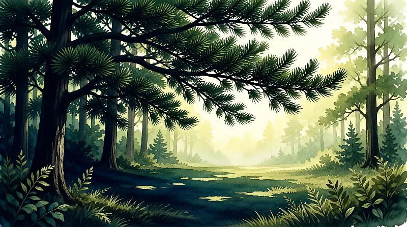 Tall evergreen branches frame a misty forest clearing where bright sunlight illuminates the grassy ground and distant trees.