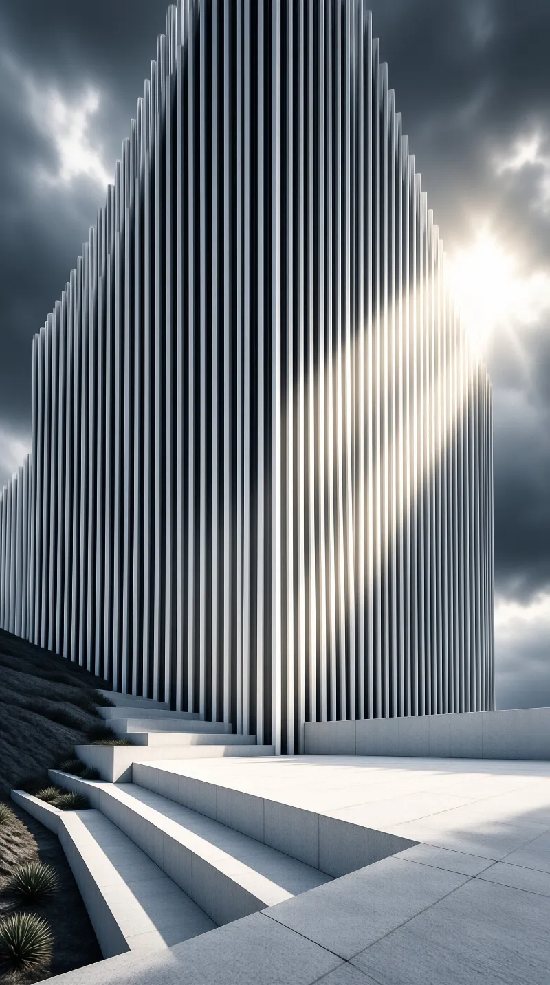 A towering facade of slender white vertical fins rises above broad stone steps as sunlight flares through dark clouds