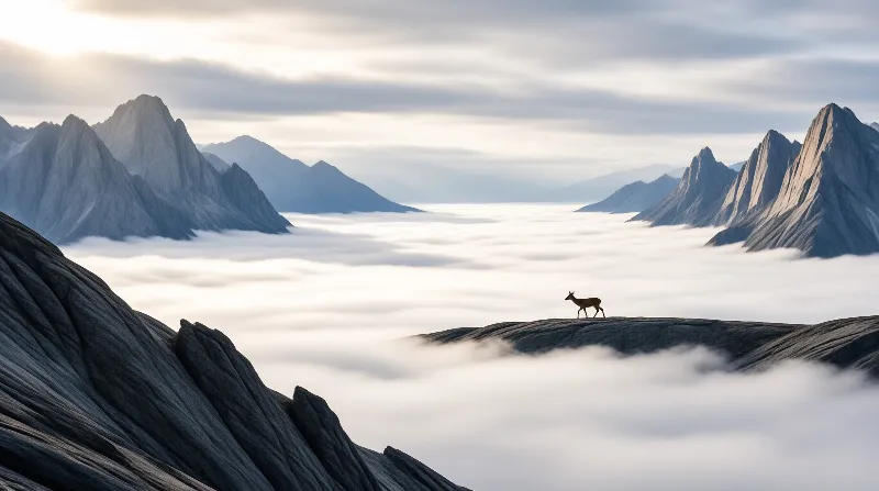 A lone deer stands on a rocky ledge above a thick layer of white fog covering the valley between jagged peaks.