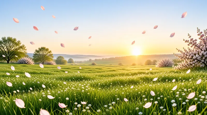 Green meadow with white wildflowers and drifting pink petals under a warm sunrise sky