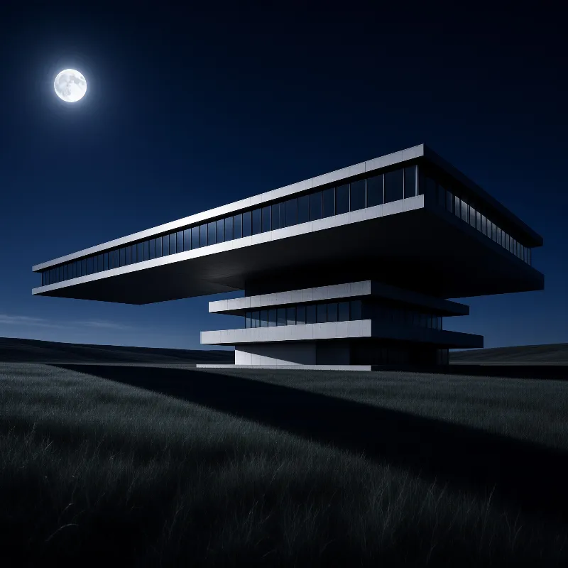 Contemporary cantilevered structure rises from dark grassland under a bright full moon in a deep blue night sky
