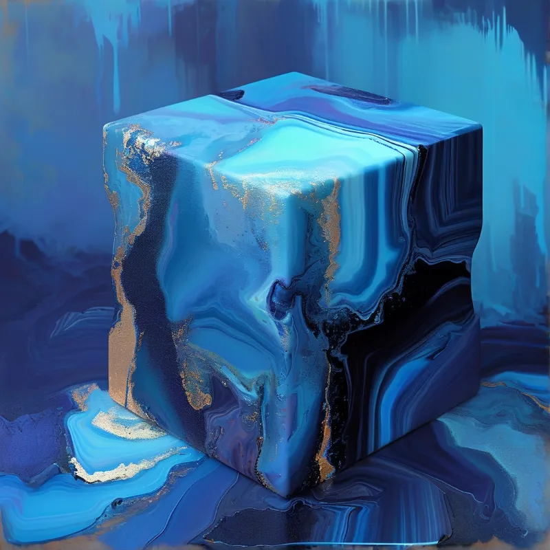 A blue resin block with marbled liquid swirls and gold accents stands in a vibrant fluid environment.