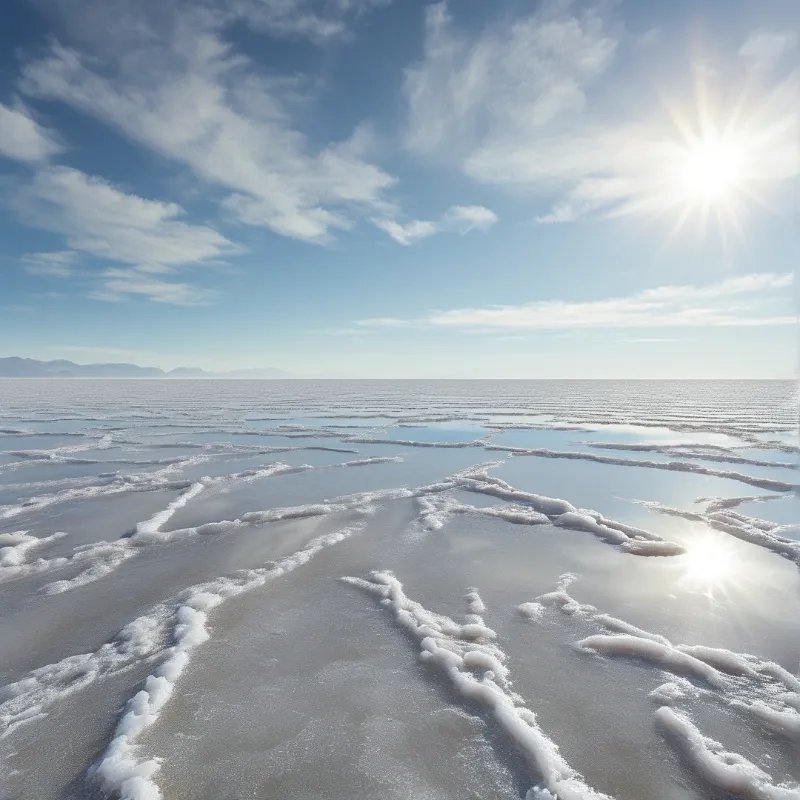 A wide expanse of white salt ridges and shallow blue water pools stretches toward distant mountains beneath a bright sun.