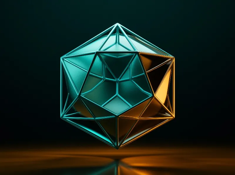 A faceted teal and gold polyhedron floats above a glossy floor against a deep emerald void.