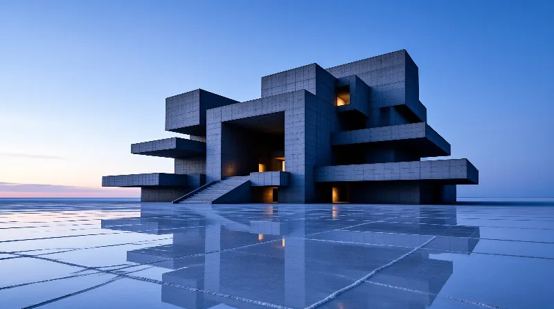 A stark geometric structure emits warm light while resting on a mirror-like water surface at dusk.