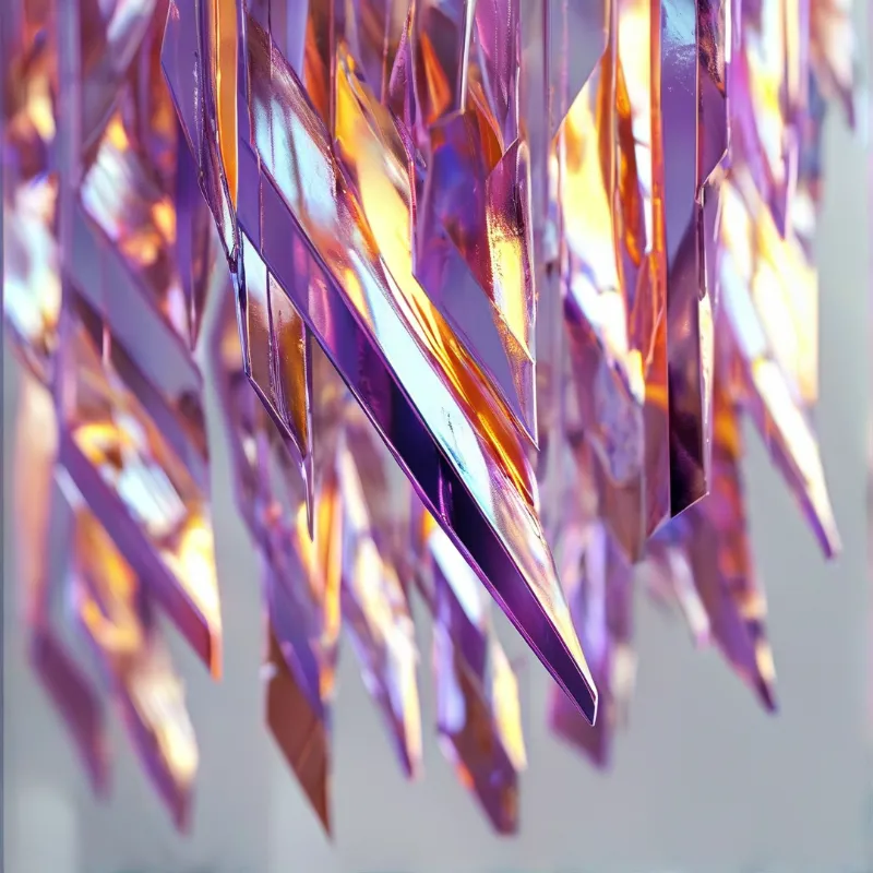 Iridescent geometric fragments hang vertically, showing hues of purple, magenta, and orange as they catch the ambient light.