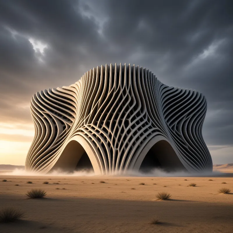 Undulating white fins wrap a cave-like building standing on sandy ground beneath a brooding sunset sky.