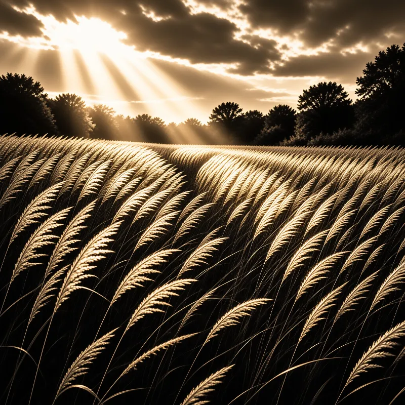 Tall grass blades sway across the foreground as dramatic sunbeams pierce the cloudy sky behind a row of trees.