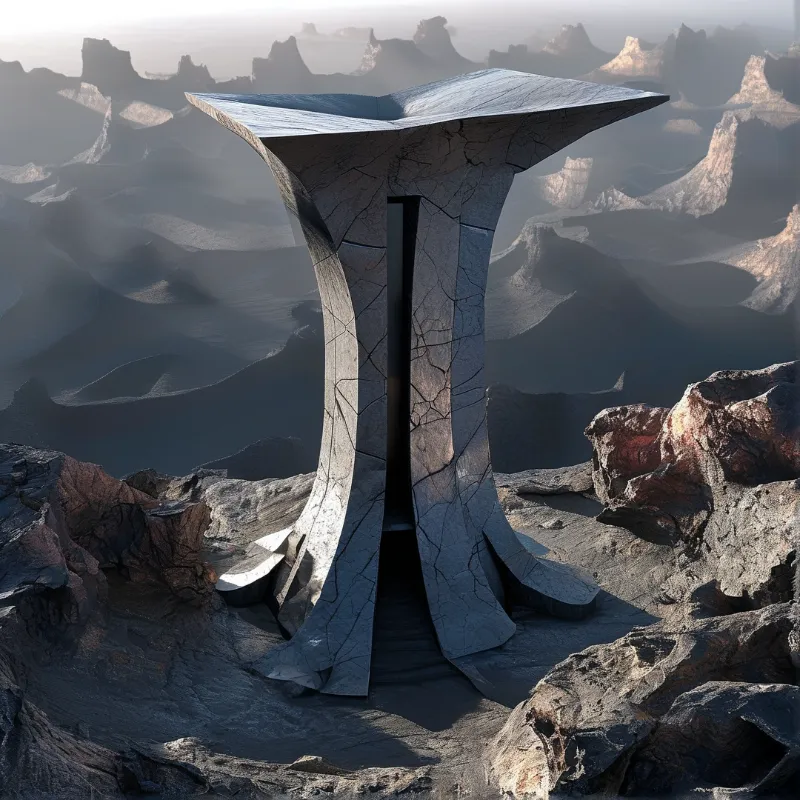 A massive cracked stone anvil stands alone in a barren rocky landscape with distant hazy mountains in the background.