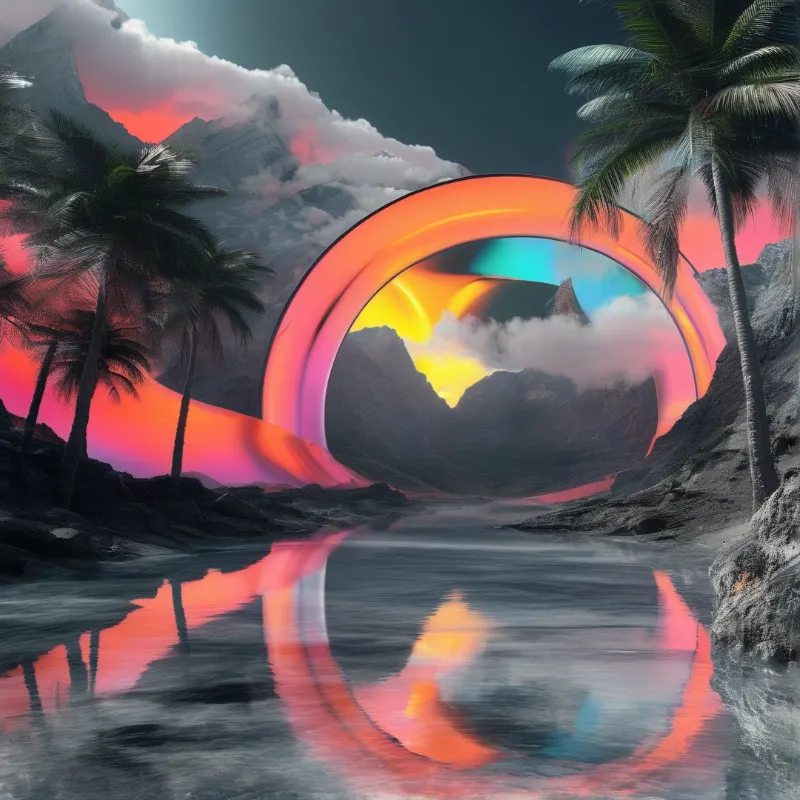 A glowing orange ring spans a dark river valley where palm trees stand against stormy mountains.