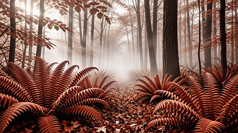 A dense forest floor covered in large reddish brown ferns while fog obscures the tall vertical tree trunks behind them.