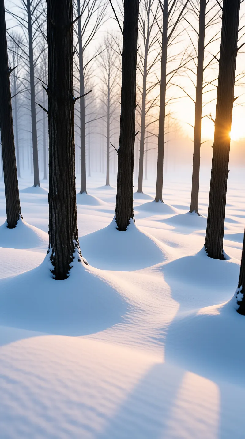 Bare tree trunks emerge from snow mounds in a misty forest as low sun casts long shadows across white ground.