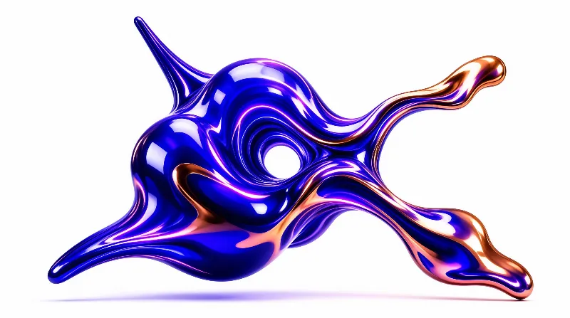 Glossy abstract blob of liquid metal swirling electric blue into warm copper against a pale backdrop.