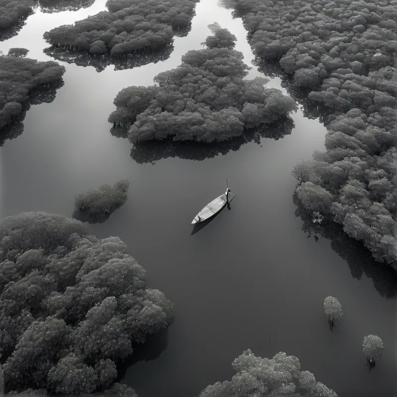 An overhead shot captures a solitary boat navigating the intricate channels of a monochrome mangrove wetland.