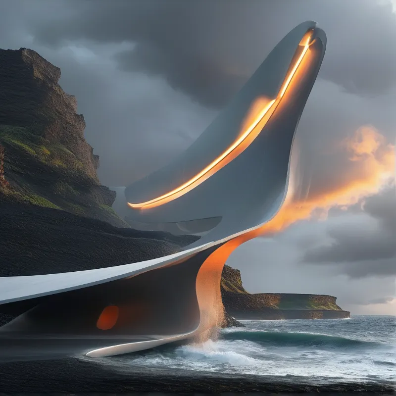 A large white curved building with warm interior lighting stands against dark cliffs and a churning ocean under cloudy sky.