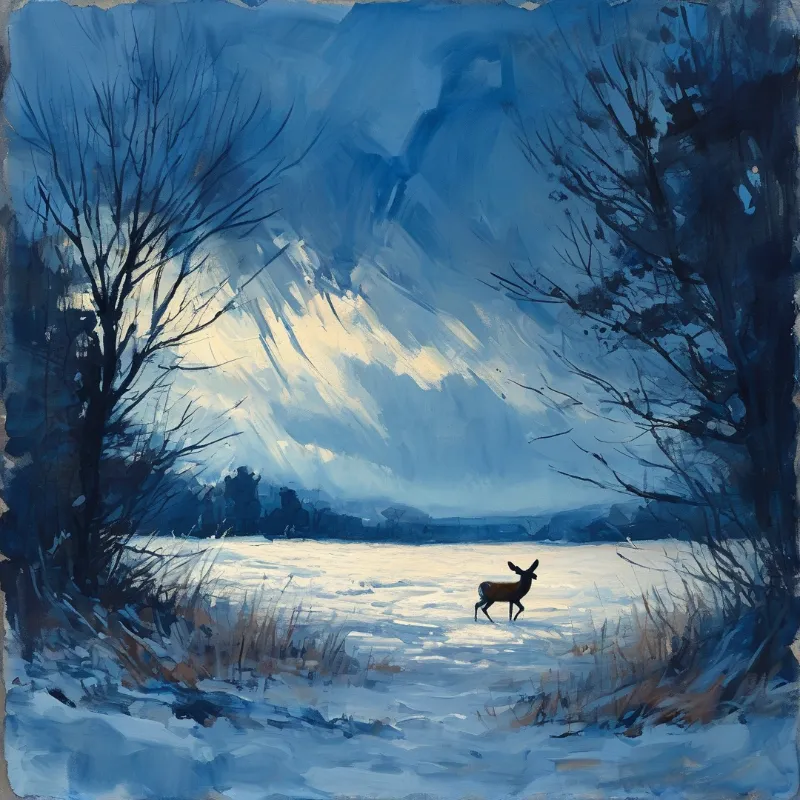 A small deer walks across a frozen lake framed by dark trees while pale light shines over distant blue mountains.