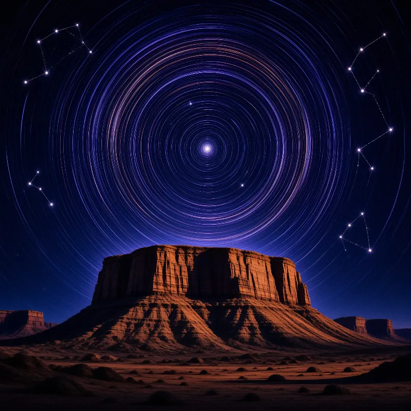 Concentric star trails spin around the celestial pole above a flat topped desert butte in deep blue night