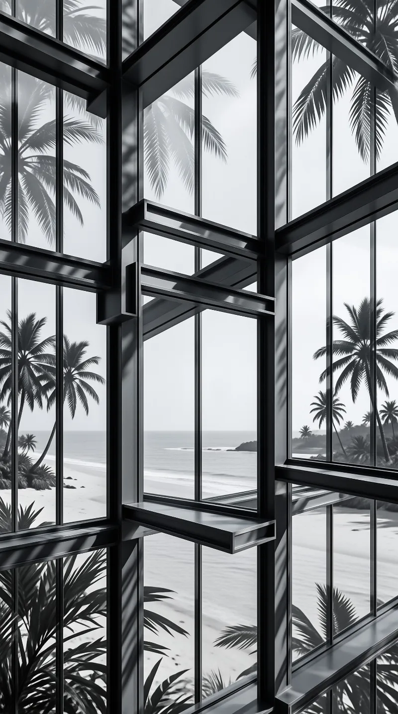 Rendered in greyscale, an angular steel frame of open casement windows looks out over surf and leaning coconut palms.