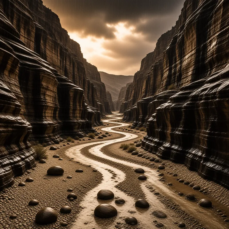 A narrow river snakes through towering striped canyon walls beneath a heavy overcast sky glowing with pale light.