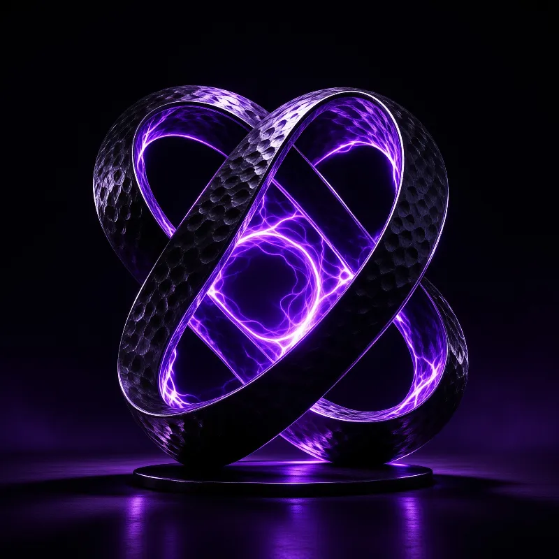 A dark hammered sculpture of looping bands glows with violet energy at its center.