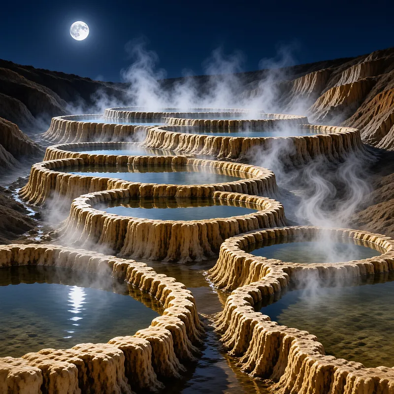 Stepped pale yellow rock pools with blue water reflect a full moon while white steam rises into a dark starry sky.